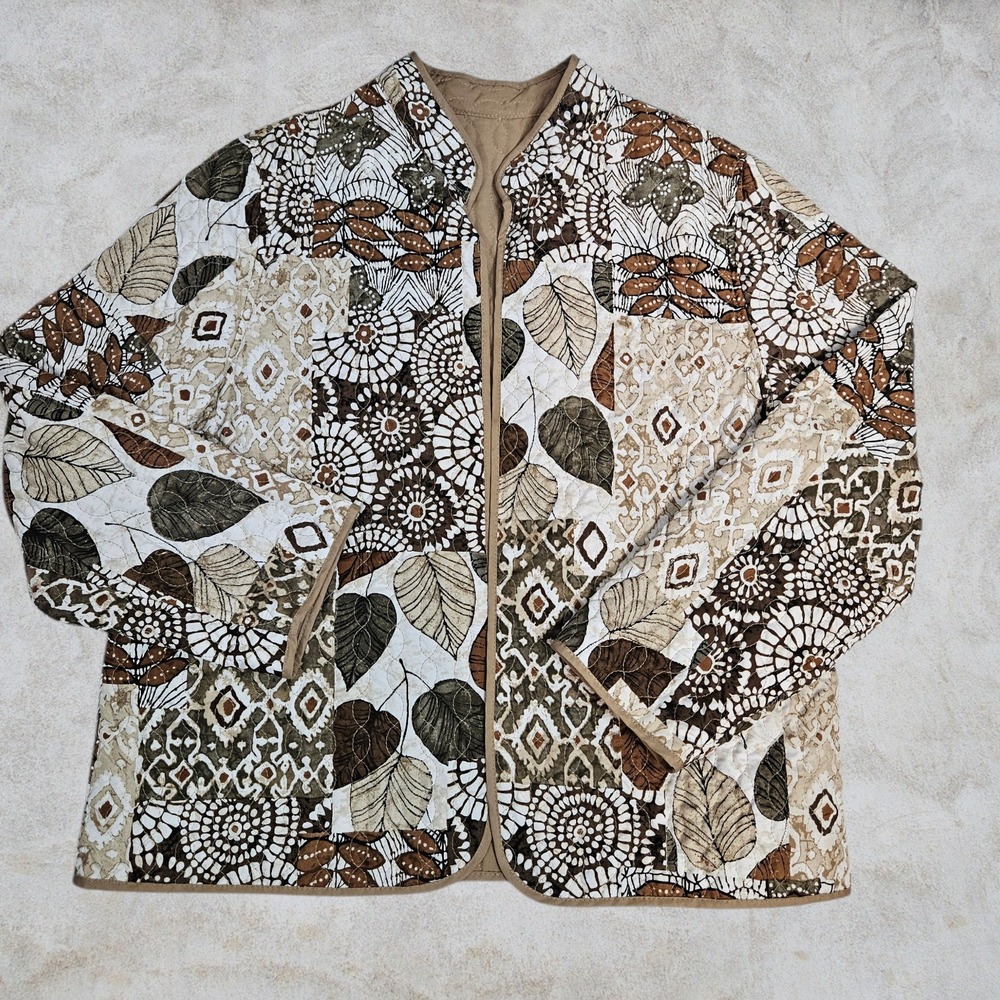Quilted Patchwork Botanical Leaf Print Open Front… - image 1